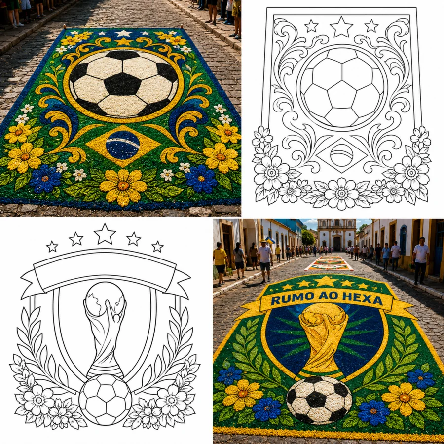 Moldes da Copa e o resultado pintado na rua: bola, taça e Rumo ao Hexa